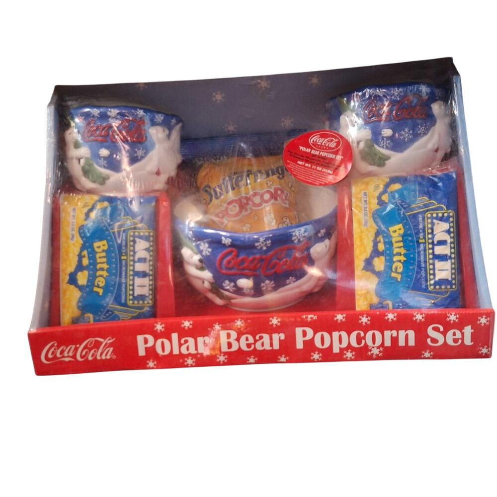 Vtg 2002 Coca Cola Polar Bear Popcorn Bowl Set NIB Never Opened Houston Harvest